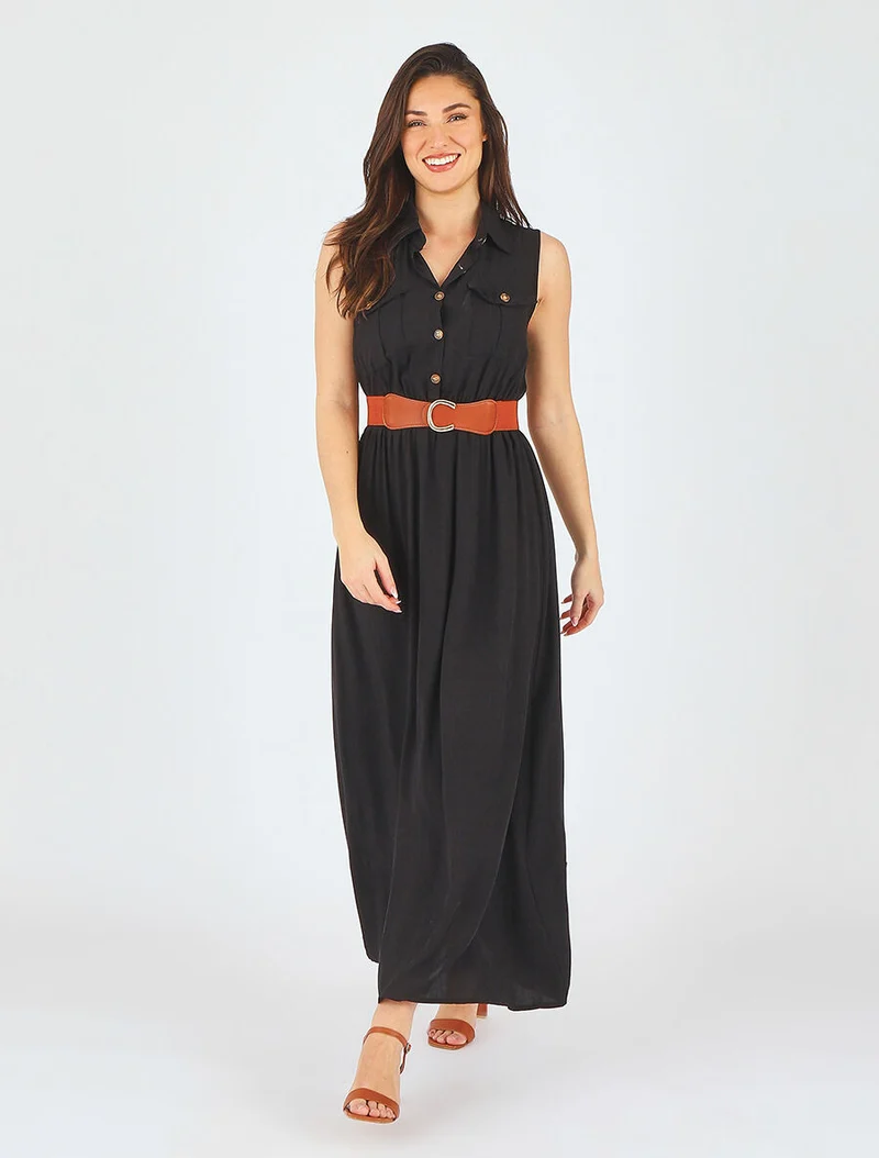 Robe longue unie sans manches - Noir