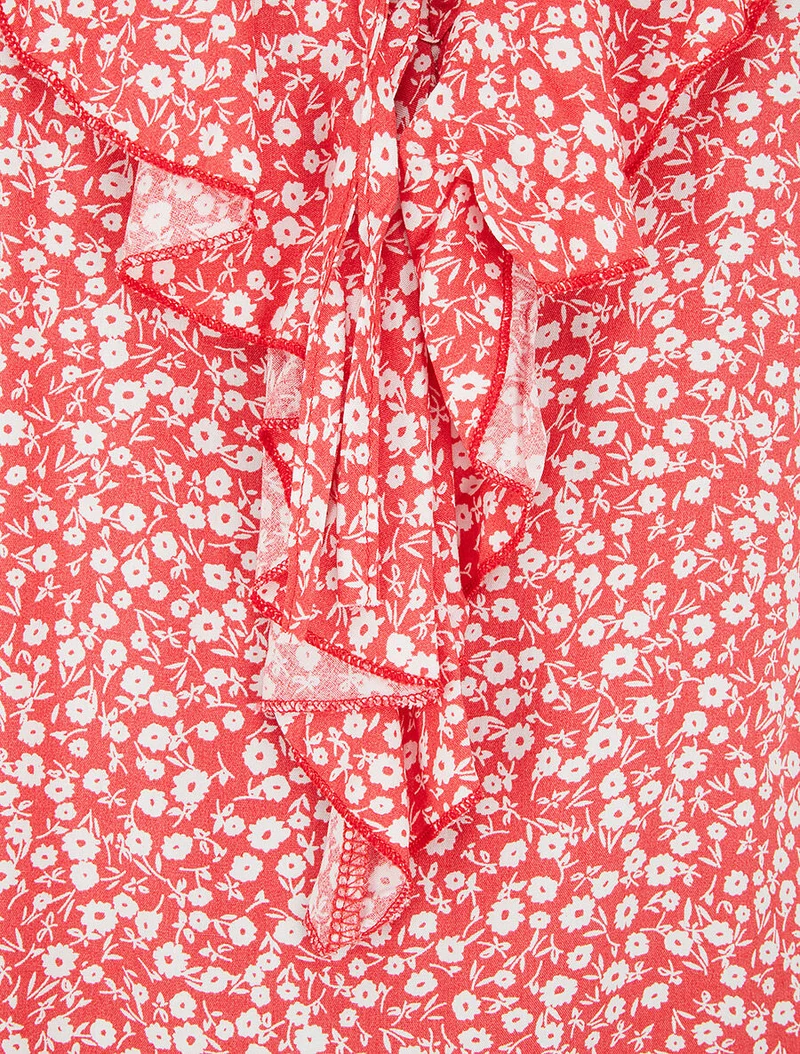 Top fleuri à col volanté - Rouge