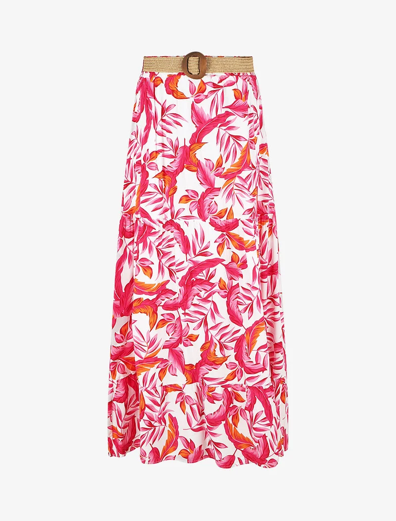 Jupe imprimé feuilles à taille élastiquée - Fushia