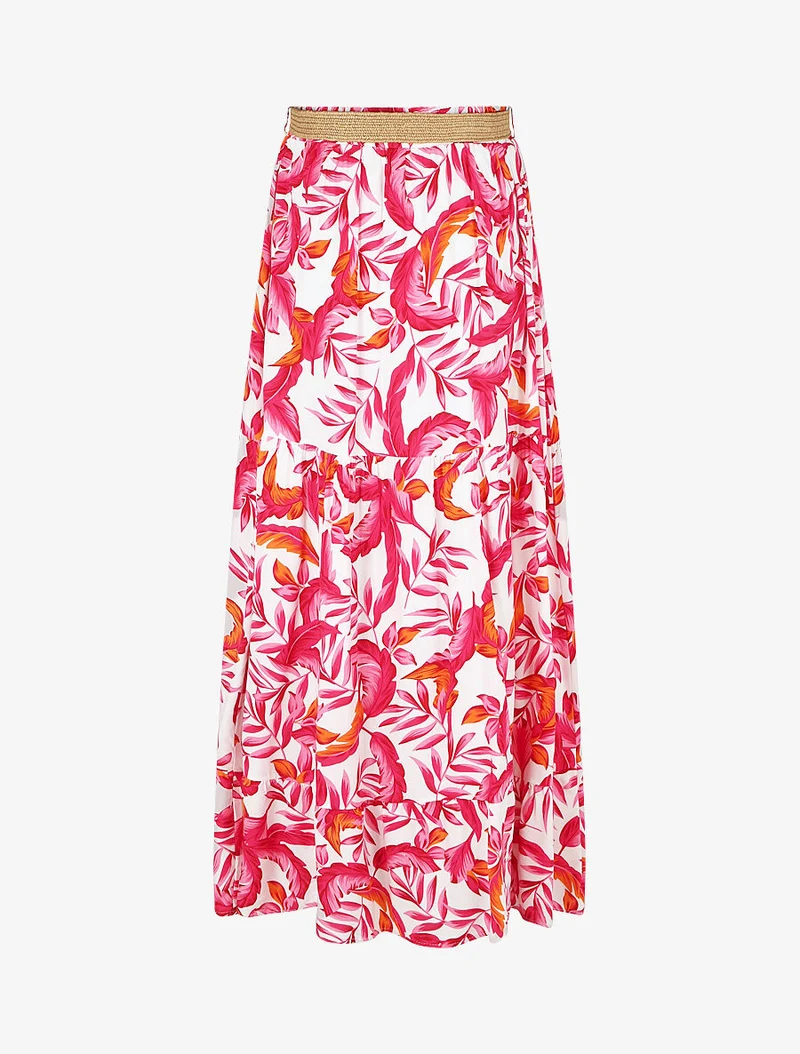 Jupe imprimé feuilles à taille élastiquée - Fushia