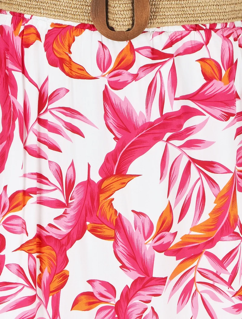 Jupe imprimé feuilles à taille élastiquée - Fushia