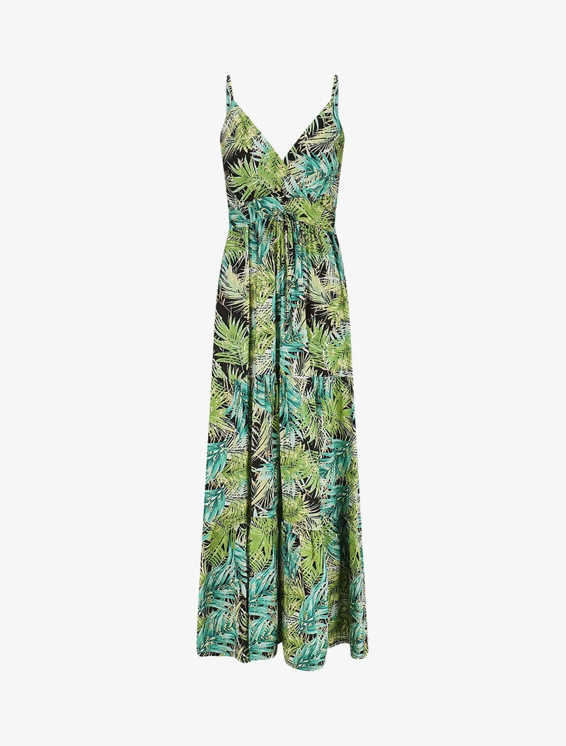 Robe longue à bretelles imprimé tropical irisé - Noir/vert