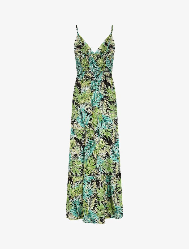 Robe longue à bretelles imprimé tropical irisé - Noir/vert
