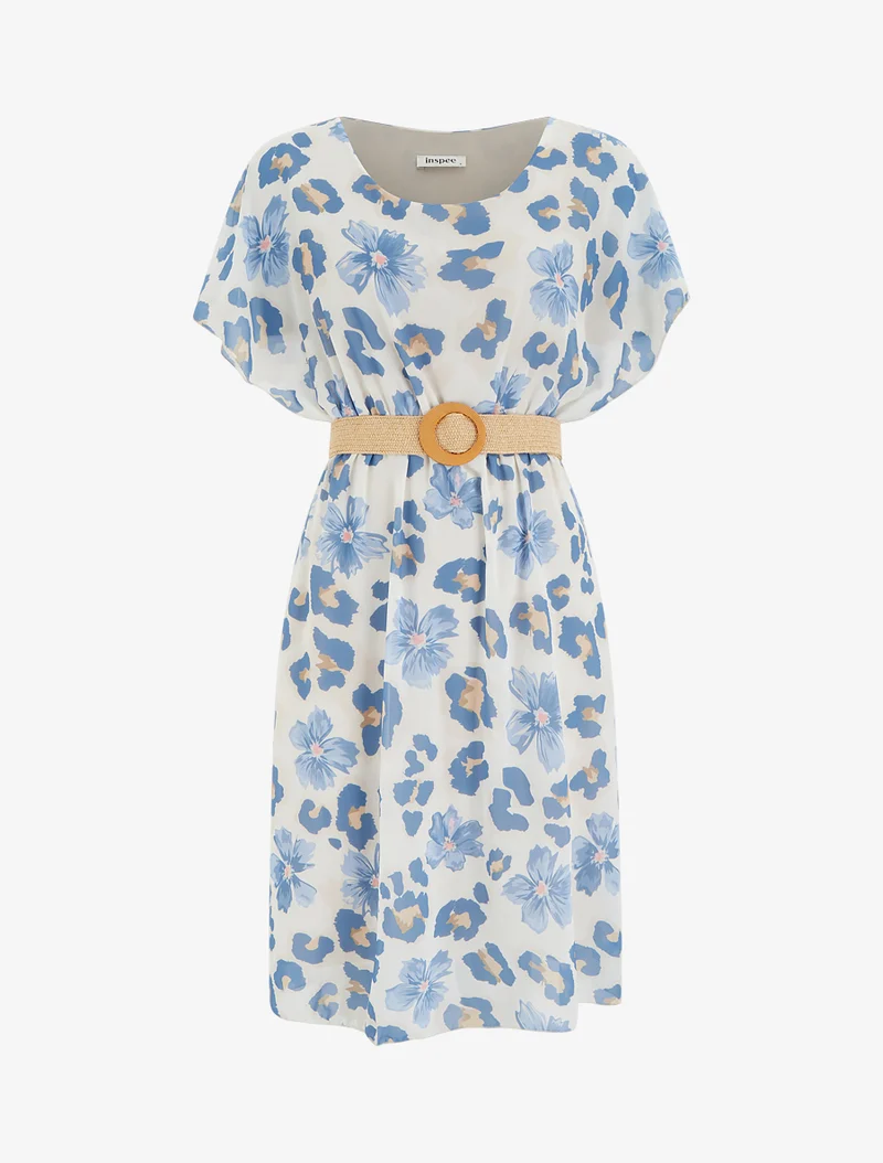 Robe mi-longue fleuri manches courtes - Bleu
