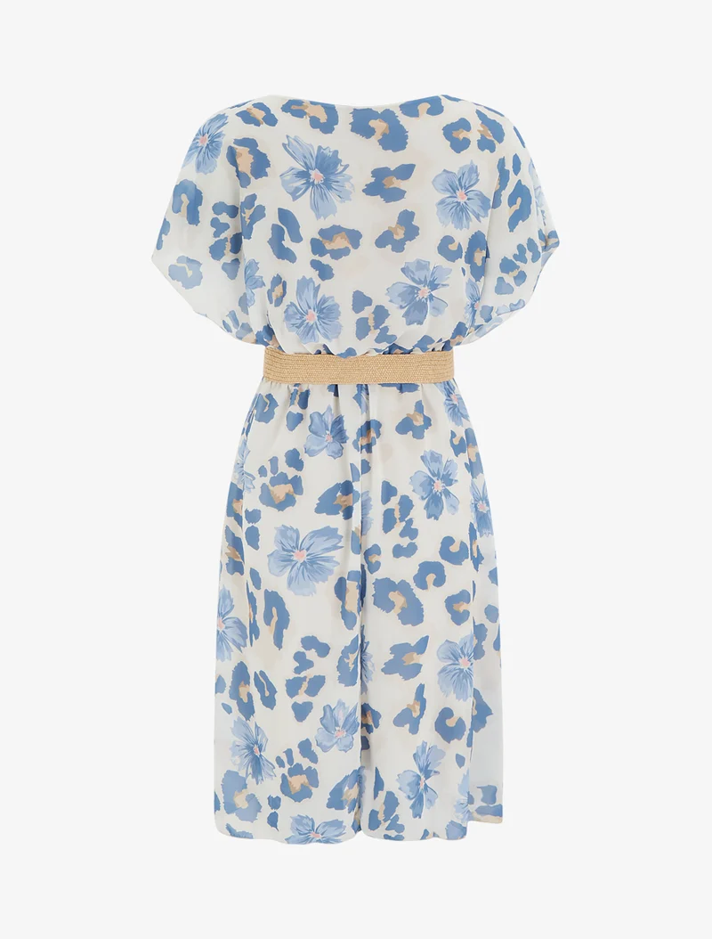 Robe mi-longue fleuri manches courtes - Bleu