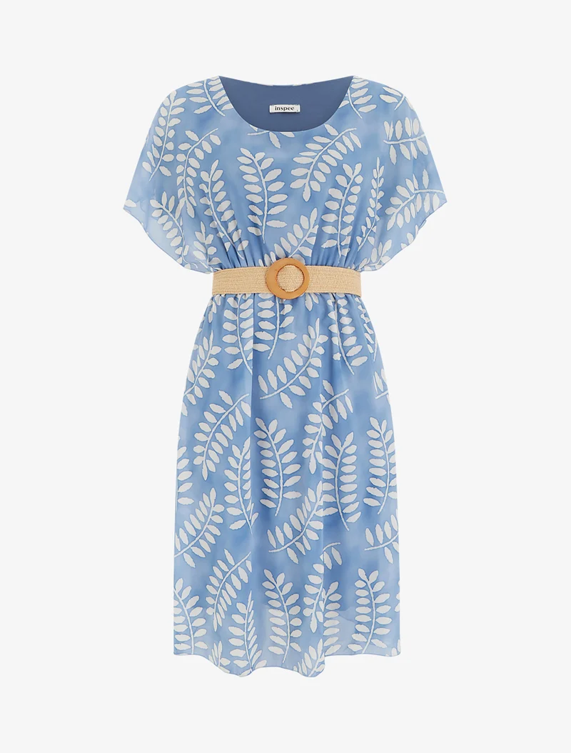 Robe mi-longue imprimé feuilles manches courtes - Bleu ciel