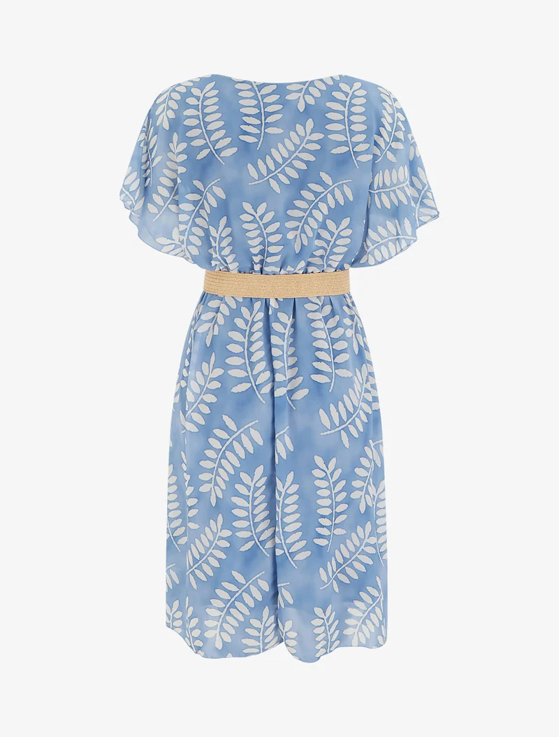 Robe mi-longue imprimé feuilles manches courtes - Bleu ciel