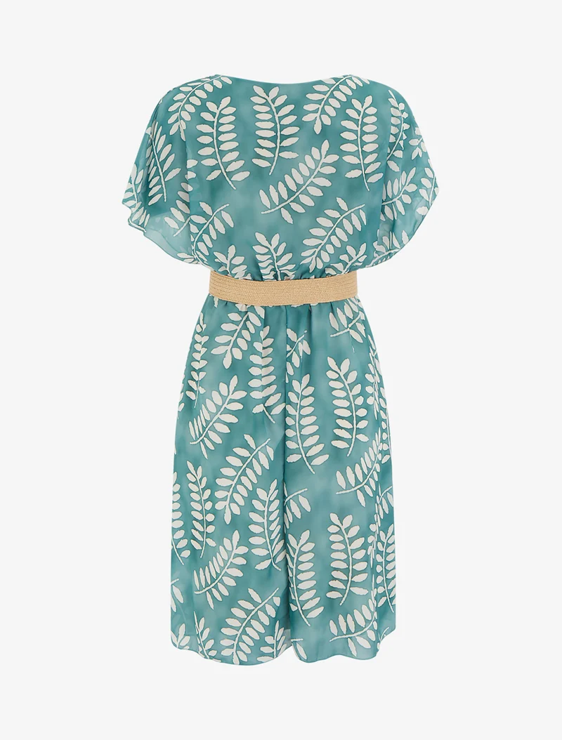 Robe mi-longue imprimé feuilles manches courtes - Vert d'eau