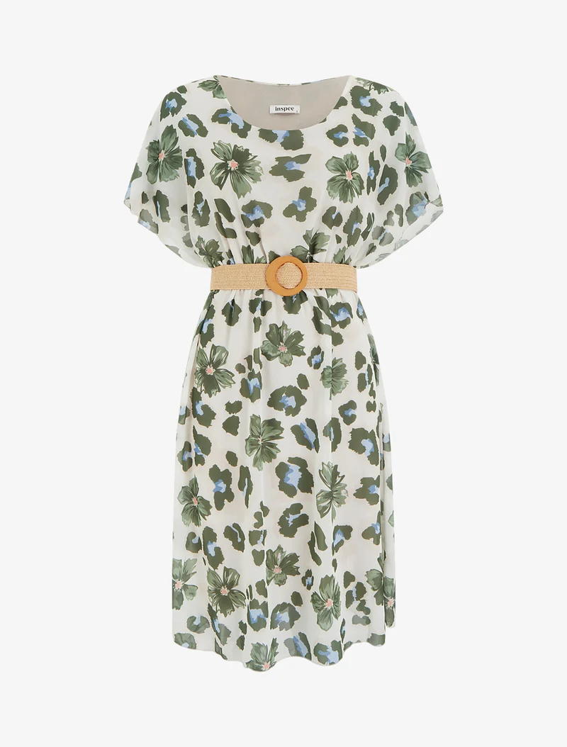Robe mi-longue fleuri manches courtes - Kaki
