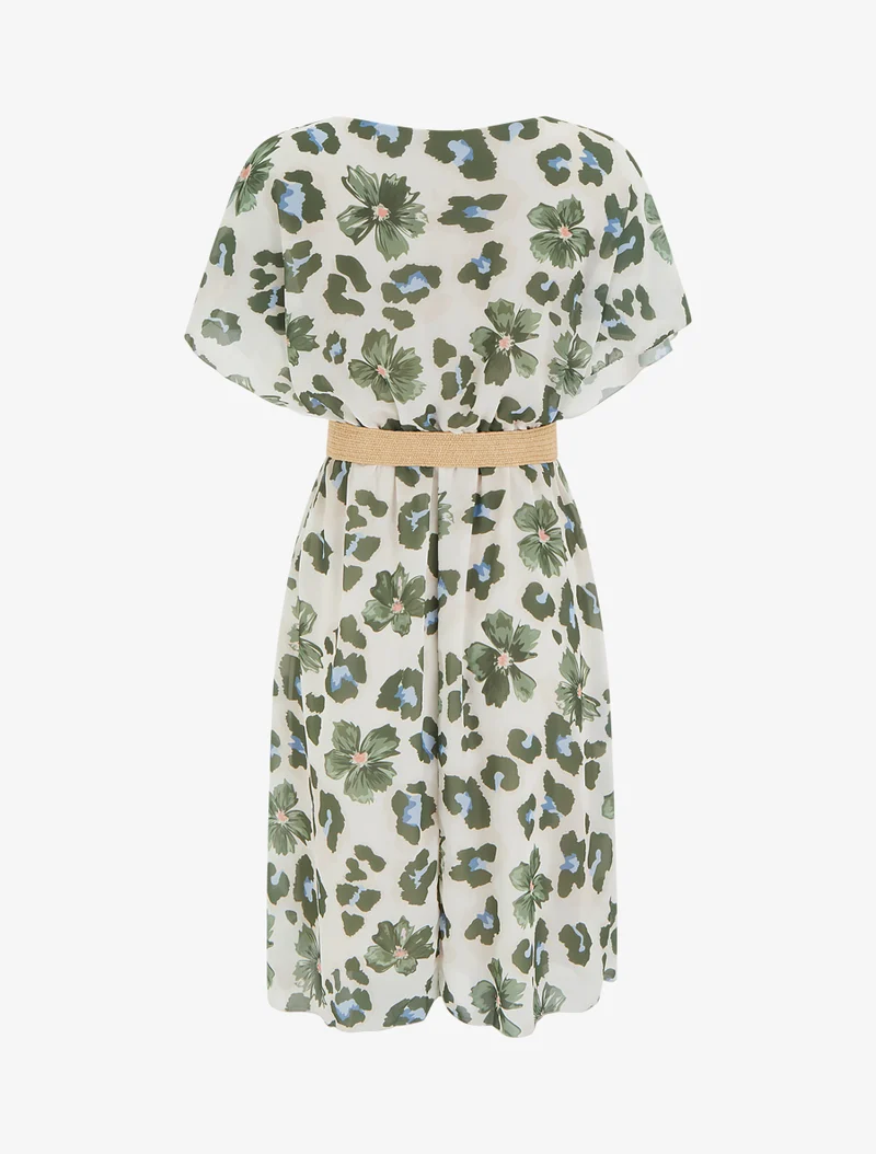 Robe mi-longue fleuri manches courtes - Kaki
