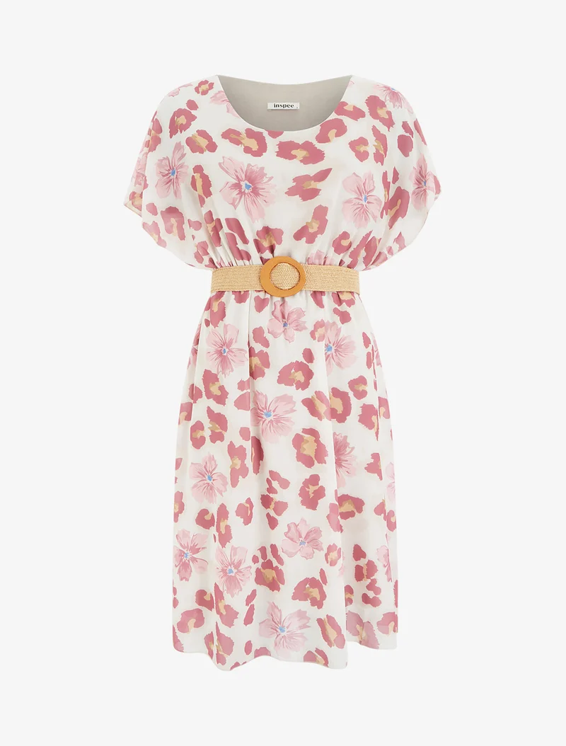 Robe mi-longue fleuri manches courtes - Rose