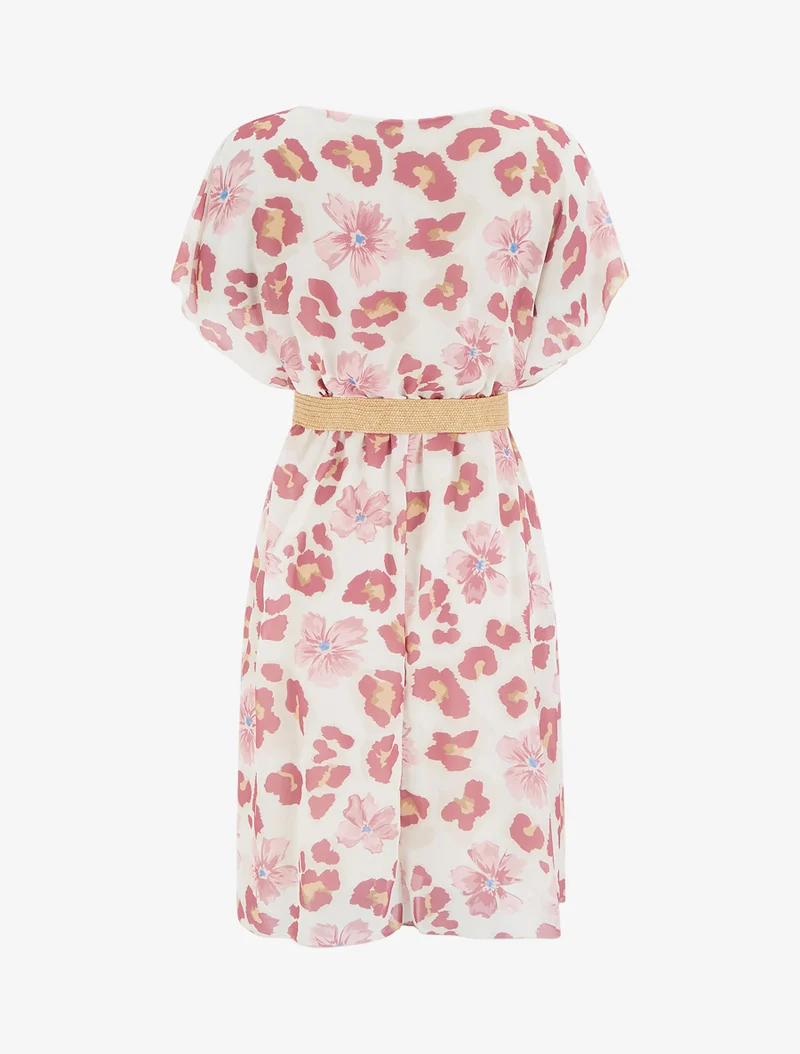 Robe mi-longue fleuri manches courtes - Rose