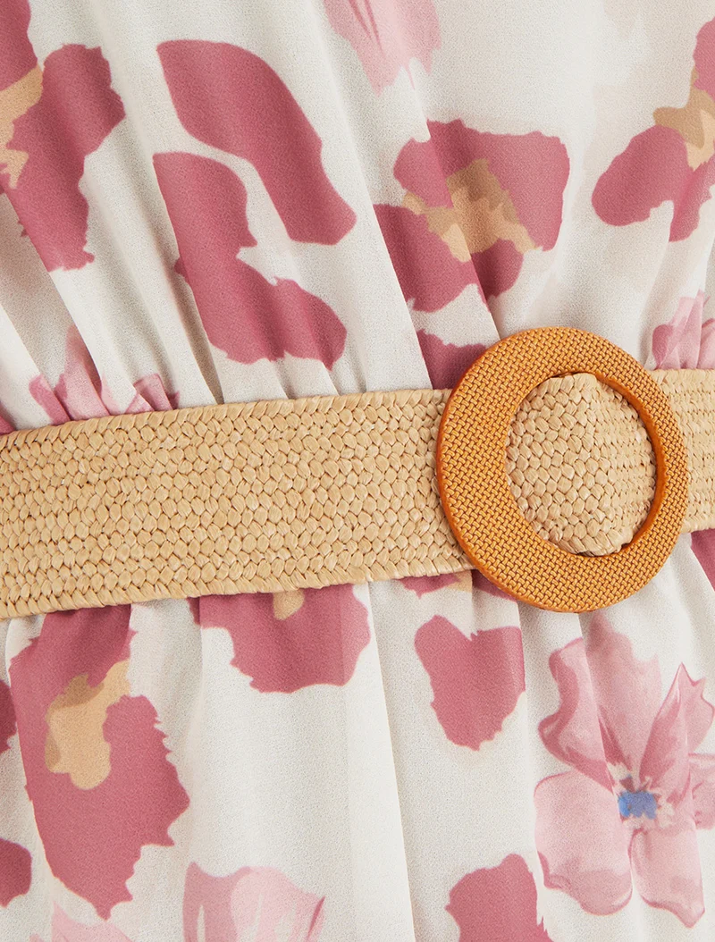 Robe mi-longue fleuri manches courtes - Rose