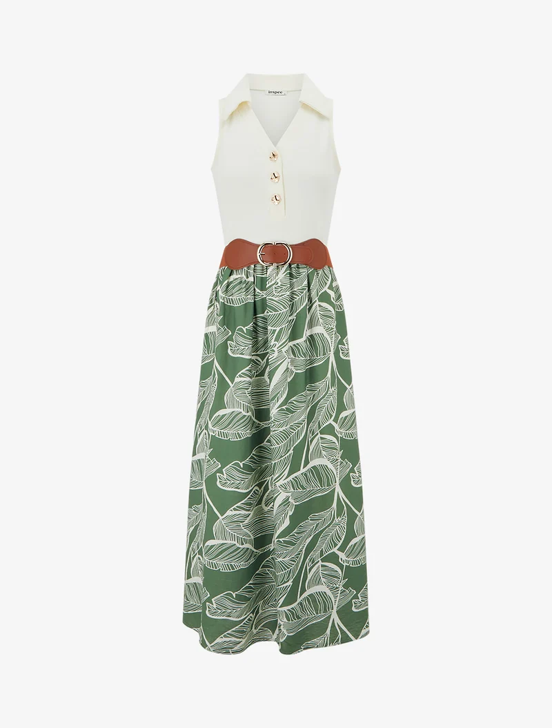 Robe longue à boutons fantaisies et imprimé feuilles - Vert