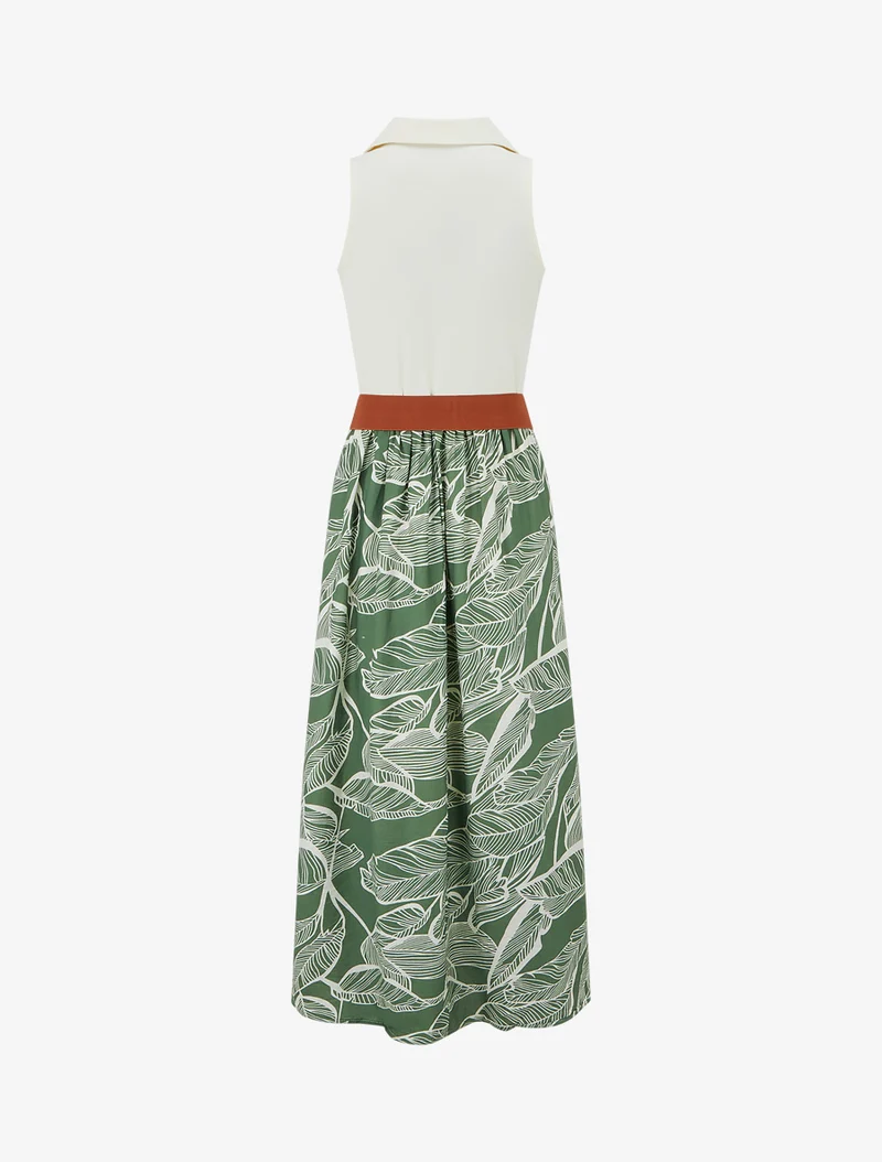 Robe longue à boutons fantaisies et imprimé feuilles - Vert