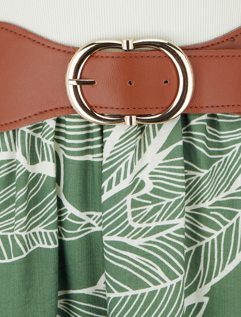 Robe longue à boutons fantaisies et imprimé feuilles - Vert