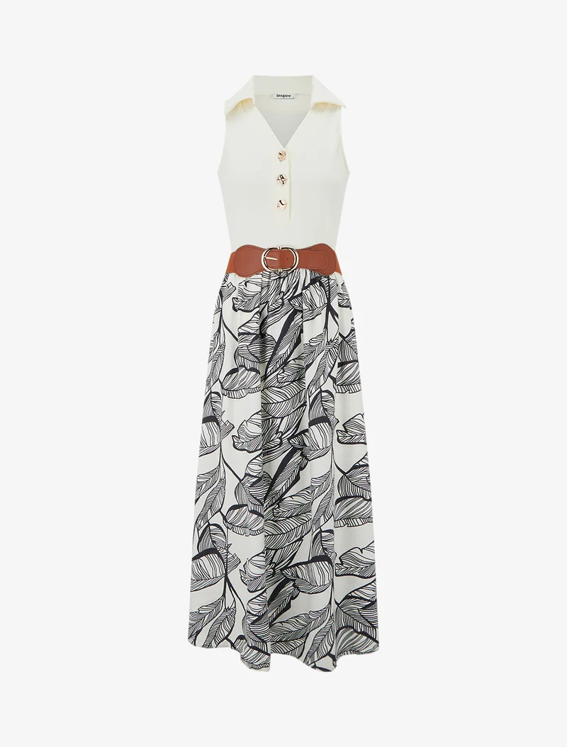 Robe longue à boutons fantaisies et imprimé feuilles - Marine
