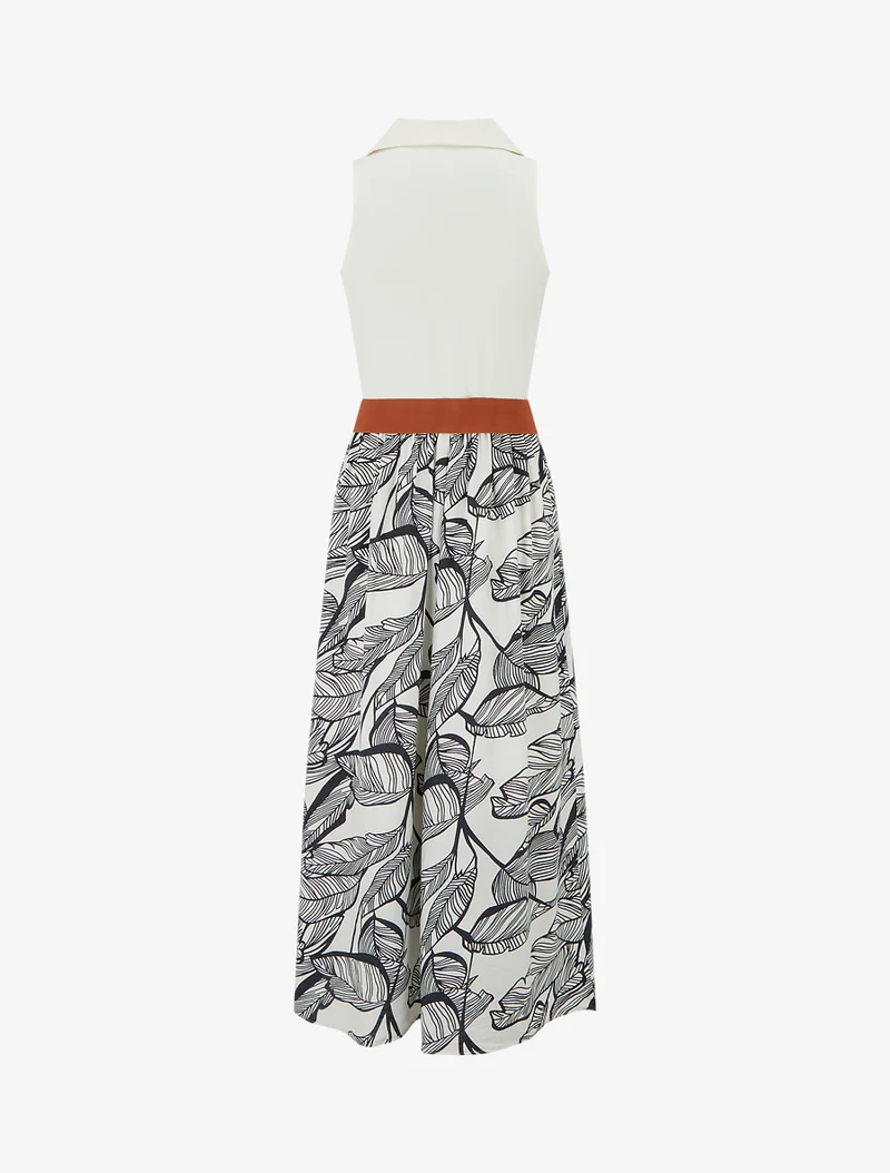 Robe longue à boutons fantaisies et imprimé feuilles - Marine