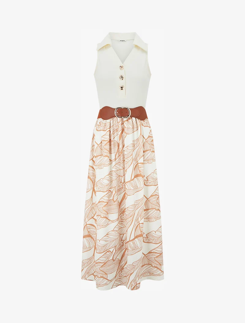 Robe longue à boutons fantaisies et imprimé feuilles - Camel