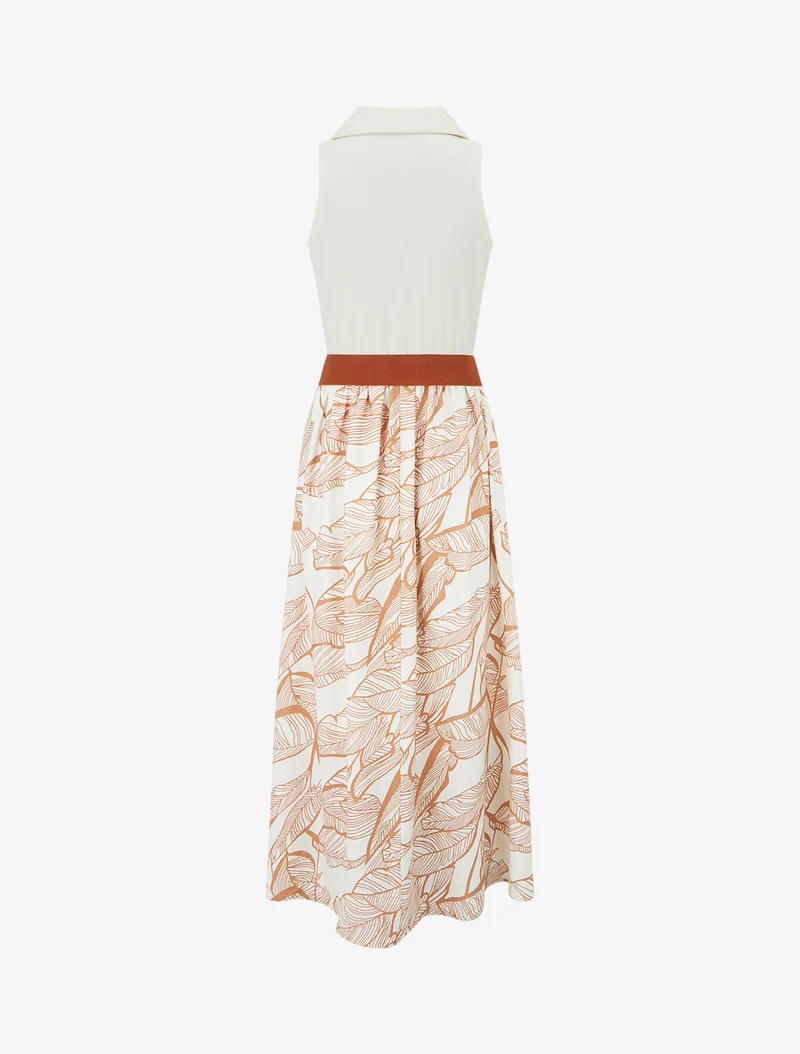 Robe longue à boutons fantaisies et imprimé feuilles - Camel
