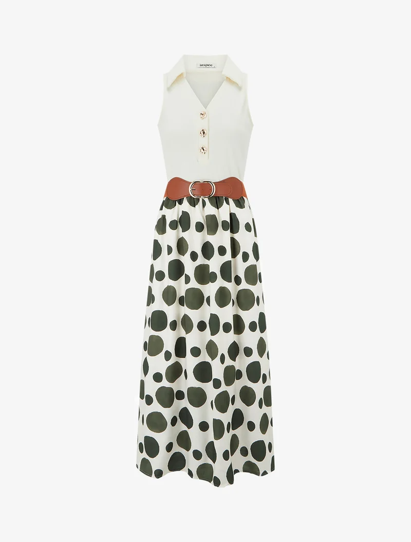 Robe longue à boutons fantaisies et imprimé gros pois - Vert foncé
