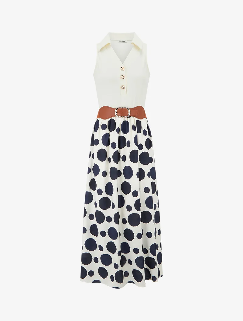 Robe longue à boutons fantaisies et imprimé gros pois - Marine