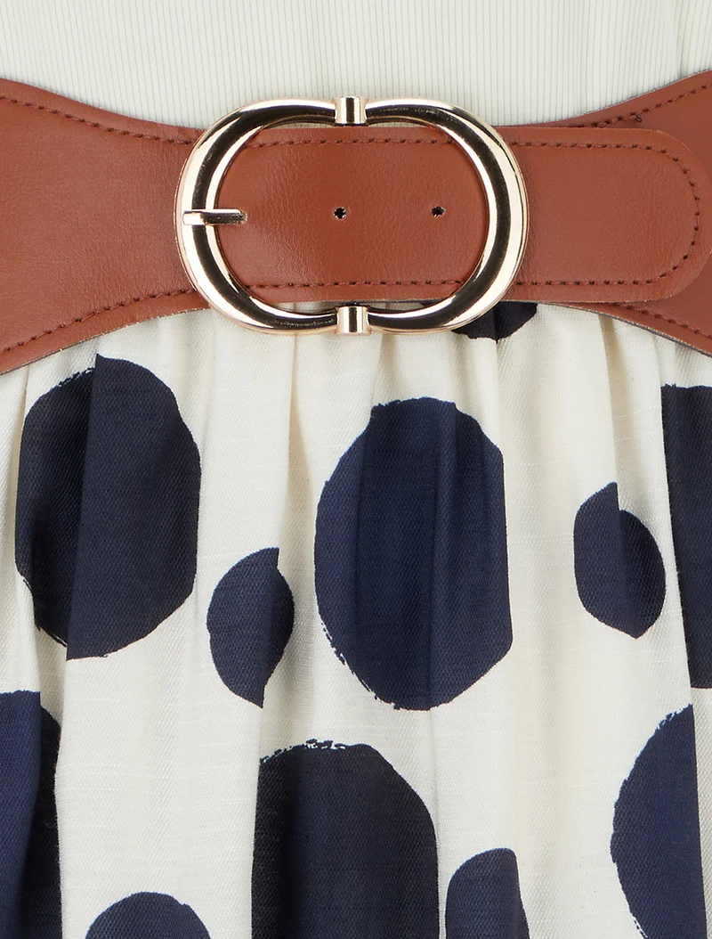 Robe longue à boutons fantaisies et imprimé gros pois - Marine