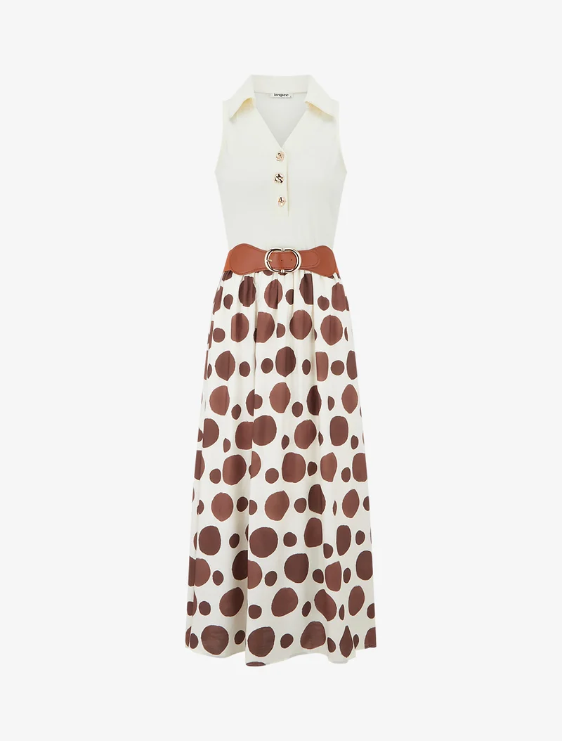 Robe longue à boutons fantaisies et imprimé gros pois - Marron