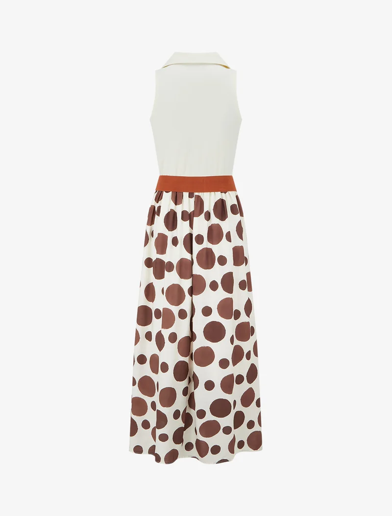 Robe longue à boutons fantaisies et imprimé gros pois - Marron