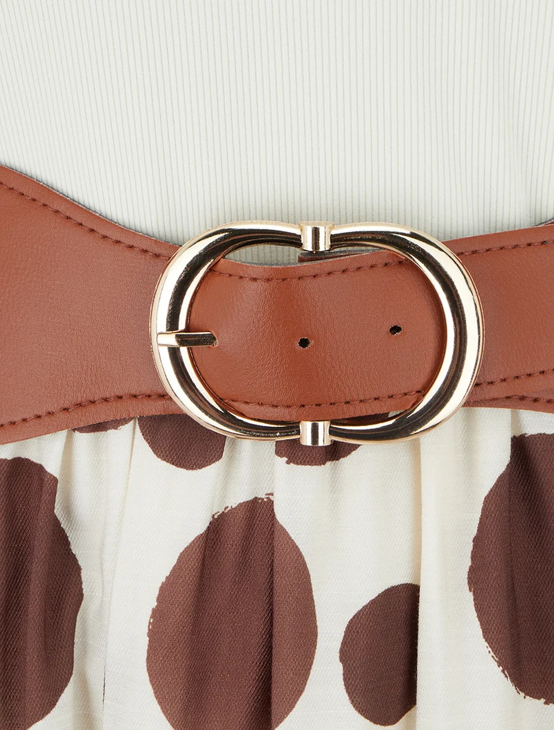 Robe longue à boutons fantaisies et imprimé gros pois - Marron
