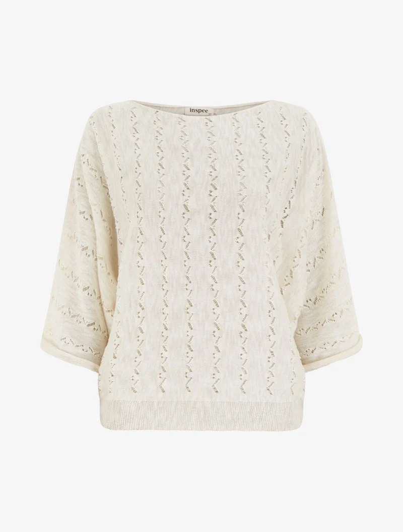 Top uni en maille ajourée à manches 3/4 - Blanc