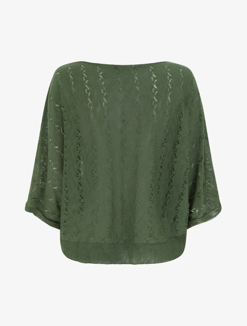 Top uni en maille ajourée à manches 3/4 - Kaki