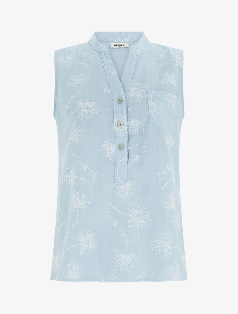 Top en lin boutonné à broderie floral - Bleu ciel