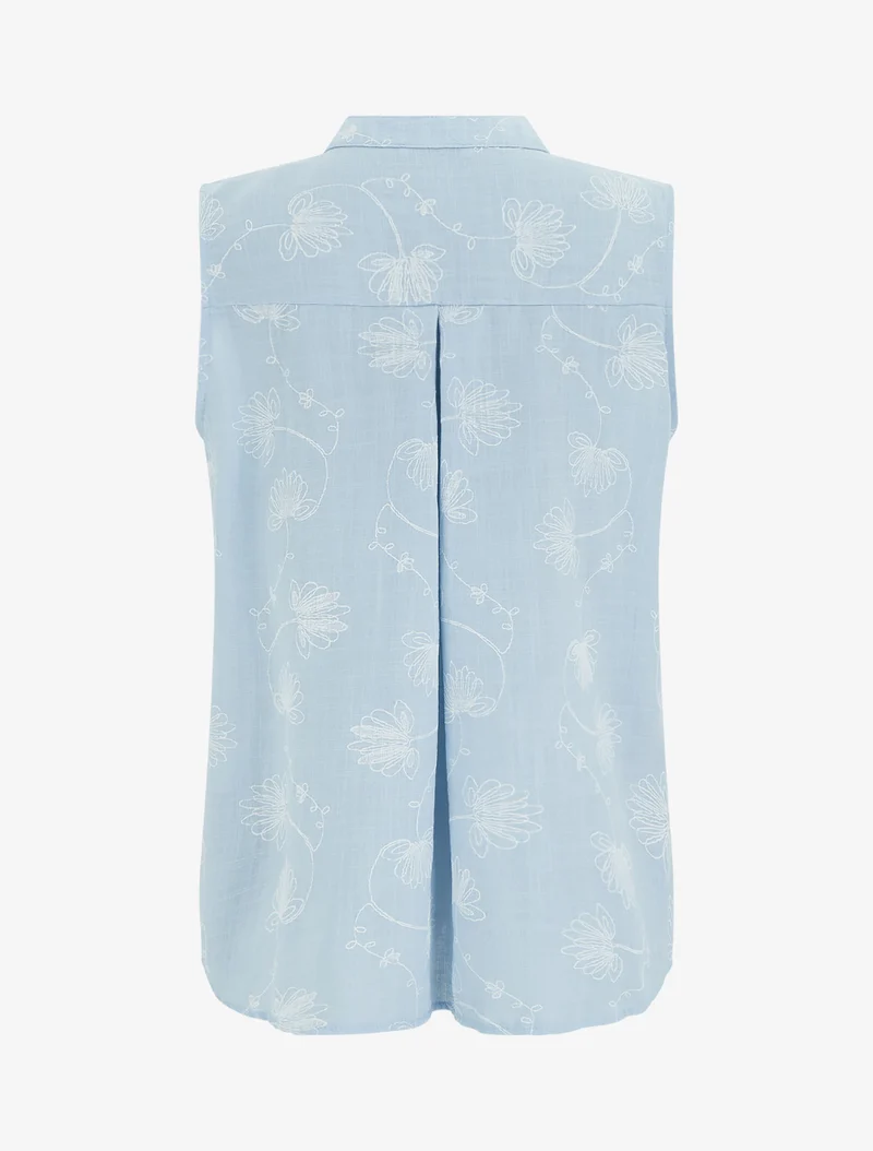 Top en lin boutonné à broderie floral - Bleu ciel