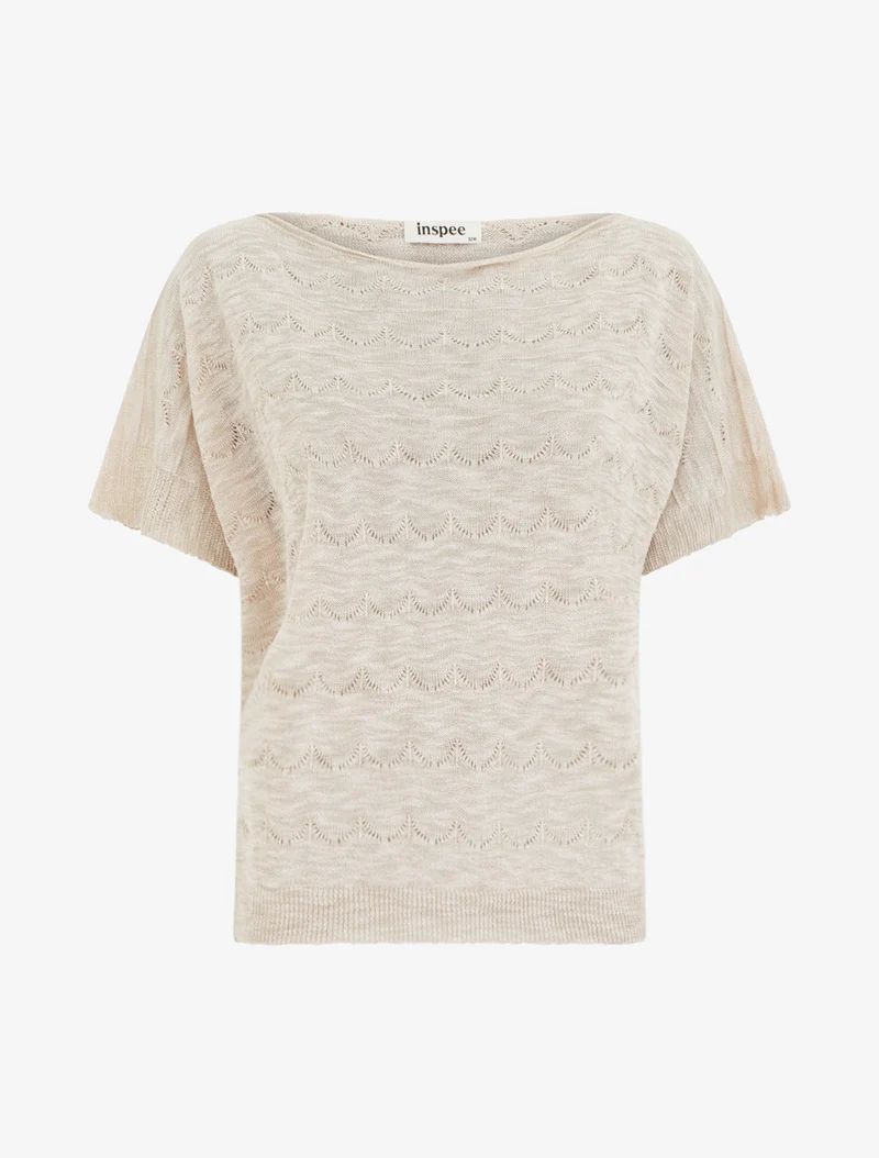 Top uni en maille ajourée à manches courtes - Beige