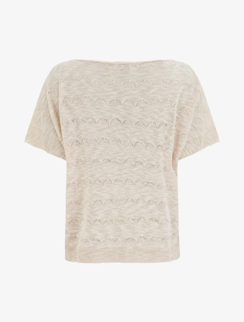 Top uni en maille ajourée à manches courtes - Beige