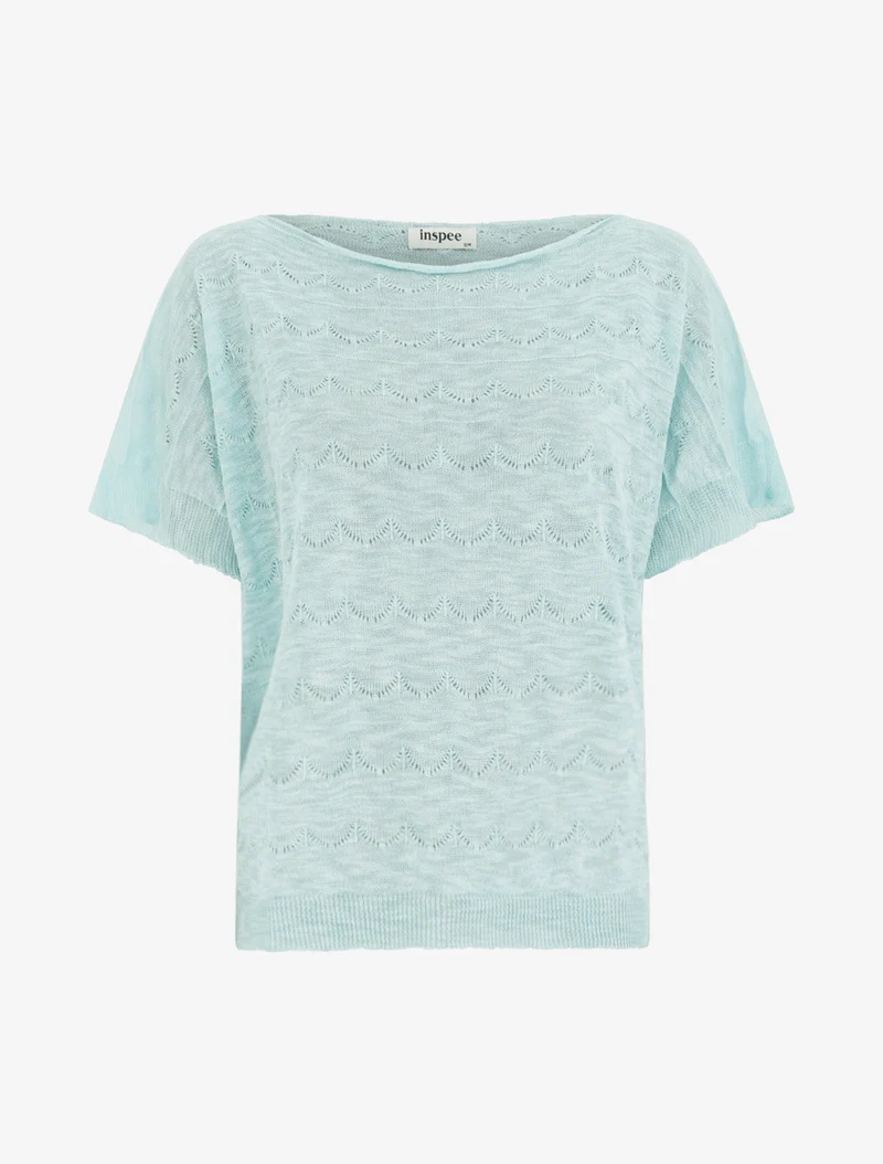 Top uni en maille ajourée à manches courtes - Turquoise