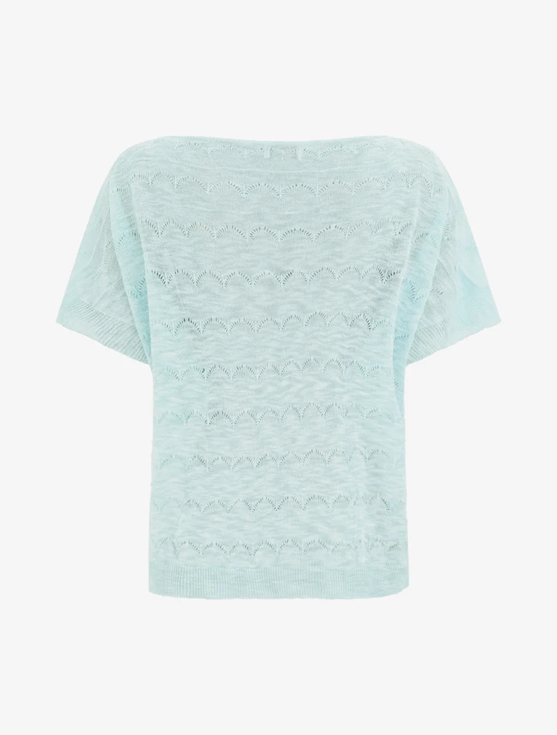 Top uni en maille ajourée à manches courtes - Turquoise