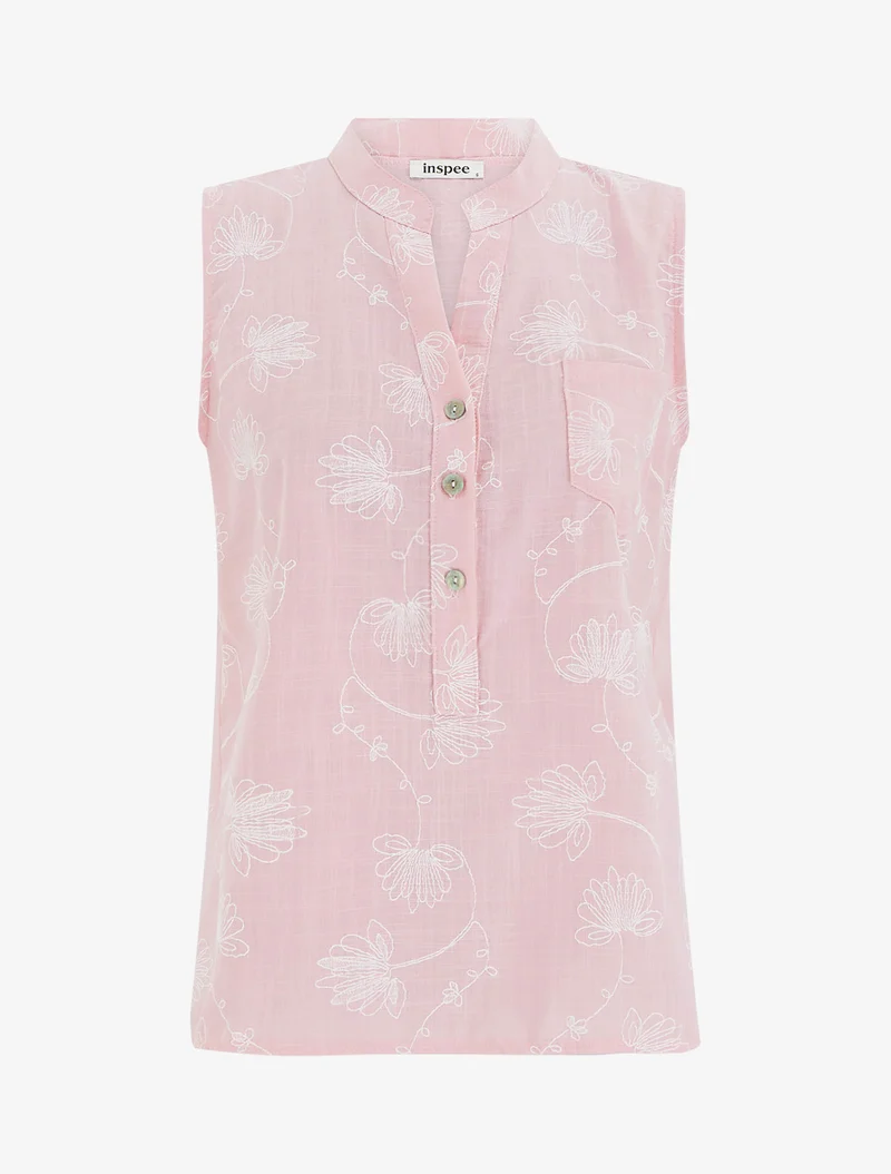 Top en lin boutonné à broderie floral - Rose