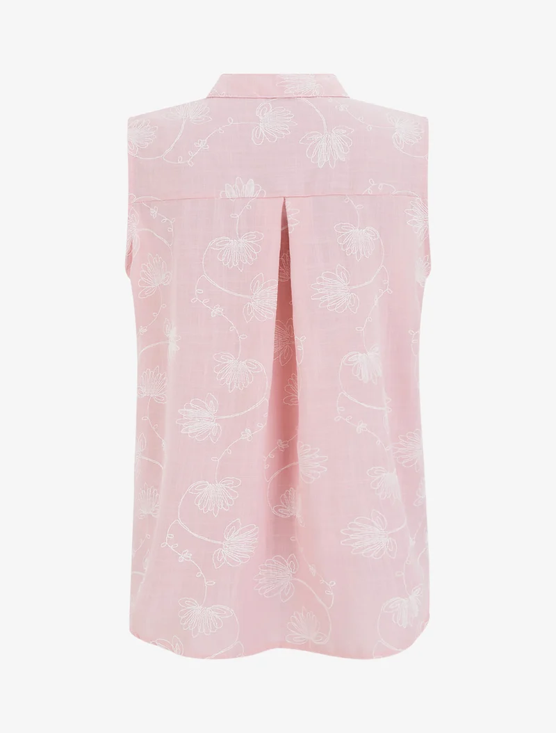 Top en lin boutonné à broderie floral - Rose