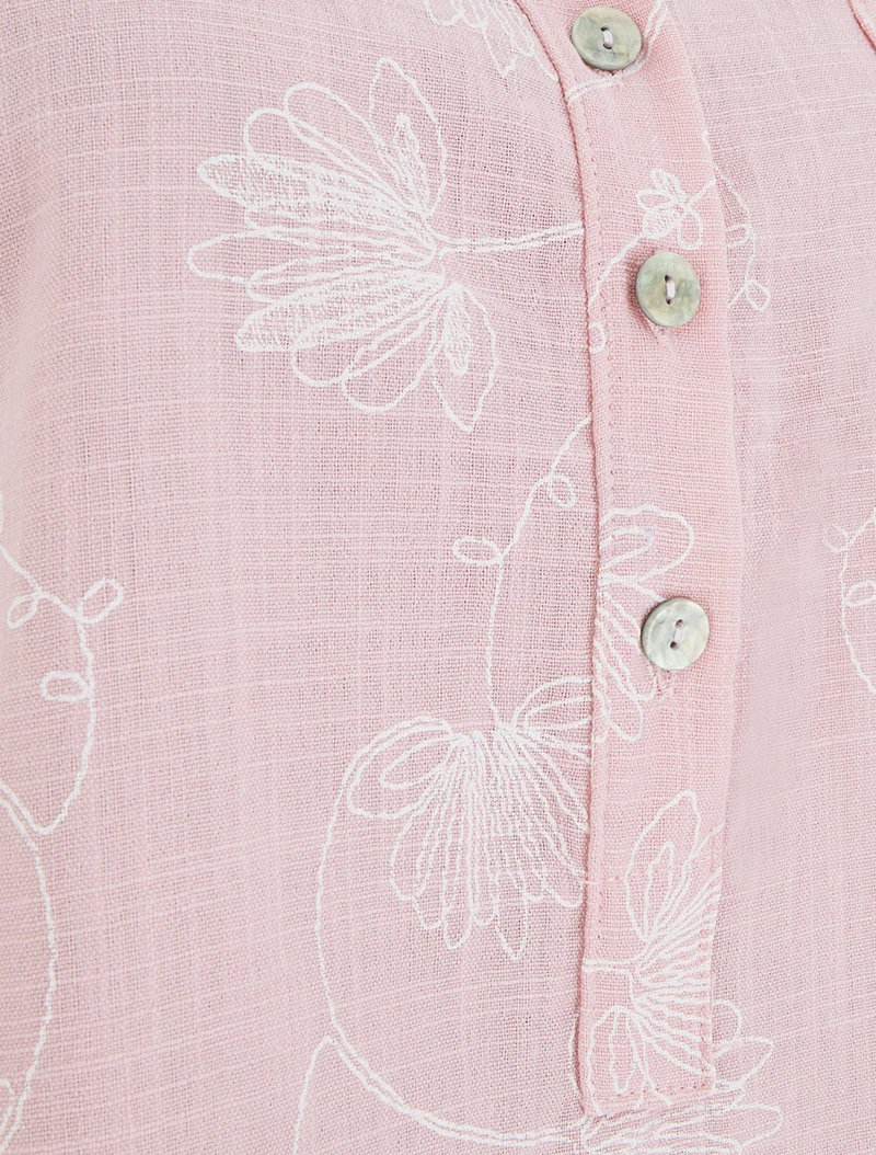 Top en lin boutonné à broderie floral - Rose