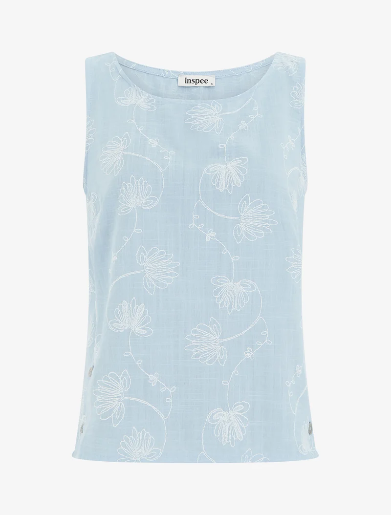 Top en lin à broderie floral - Bleu ciel