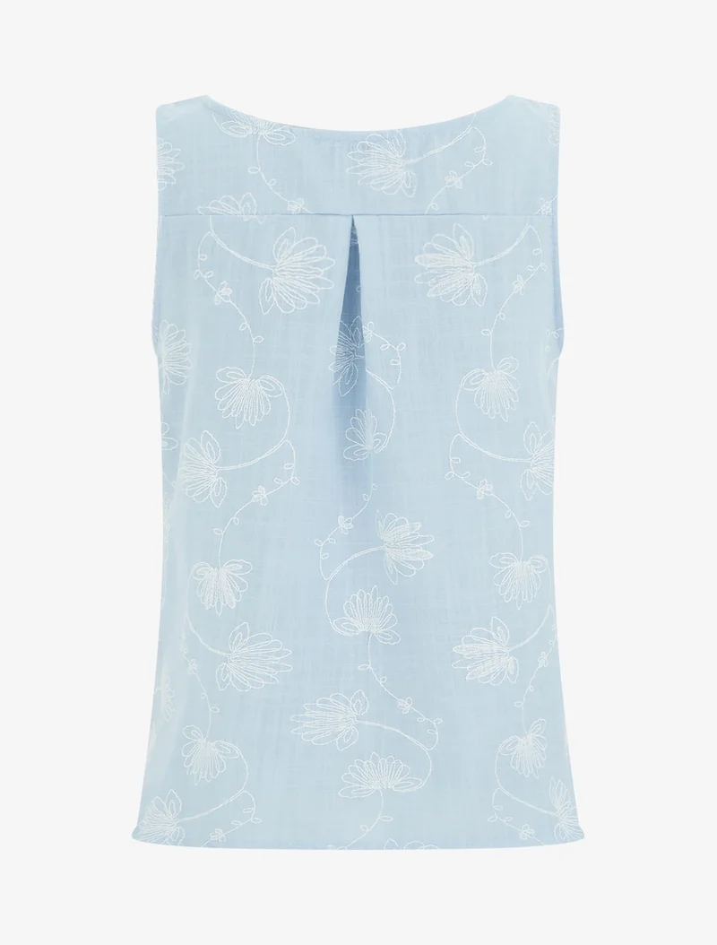 Top en lin à broderie floral - Bleu ciel