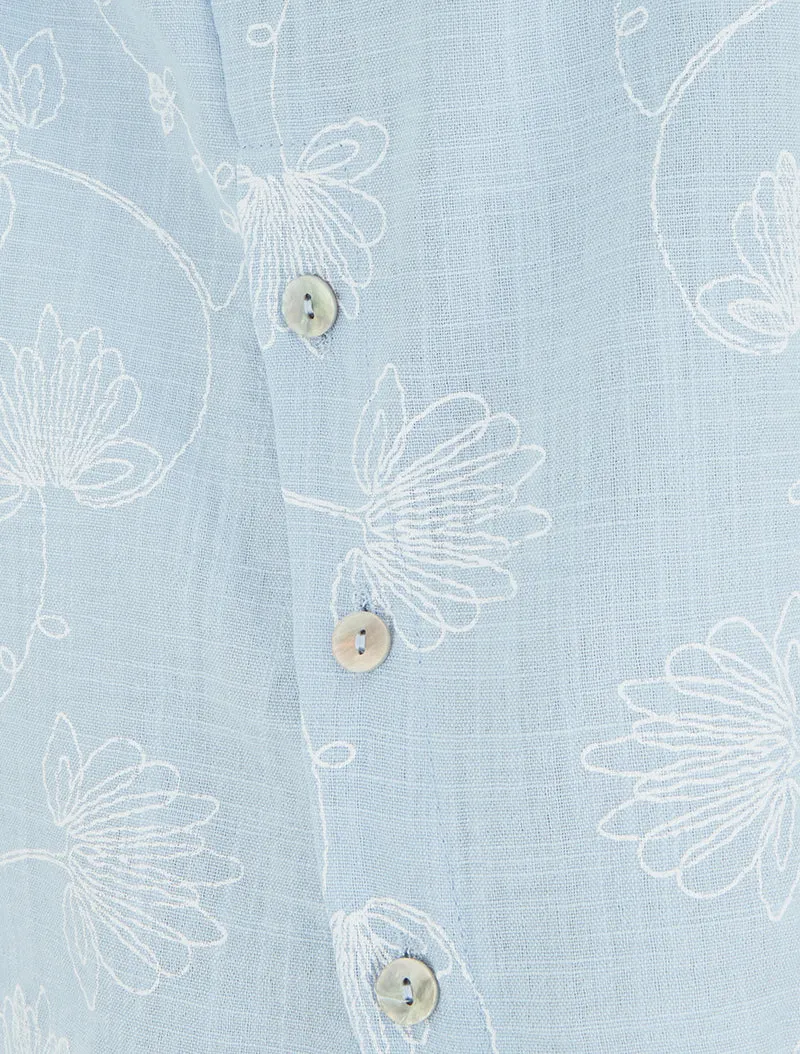 Top en lin à broderie floral - Bleu ciel