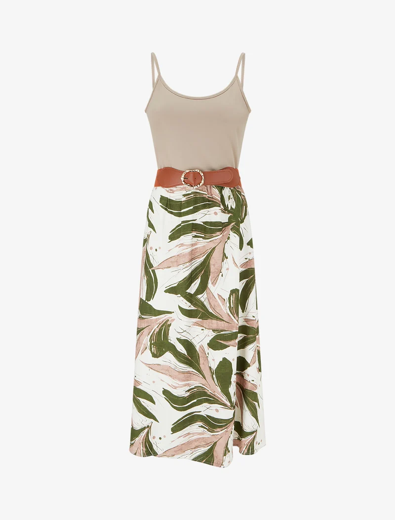 Robe longue à imprimé feuillage - Kaki