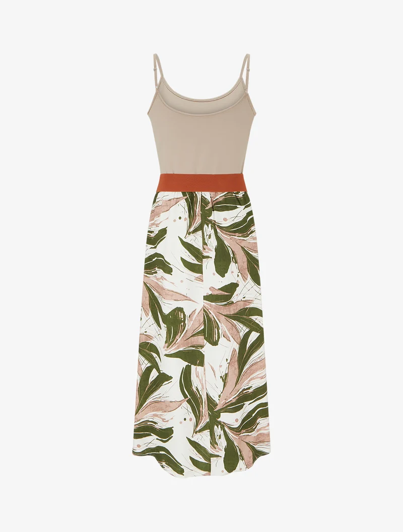 Robe longue à imprimé feuillage - Kaki