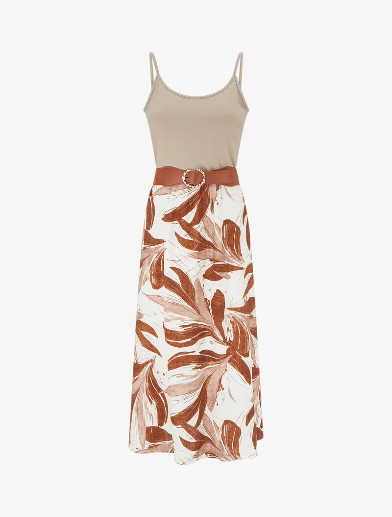 Robe longue à imprimé feuillage - Marron