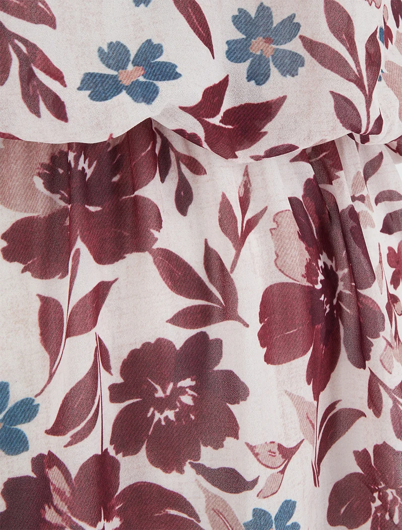 Robe imprimé fleuri à taille élastiquée - Bordeaux