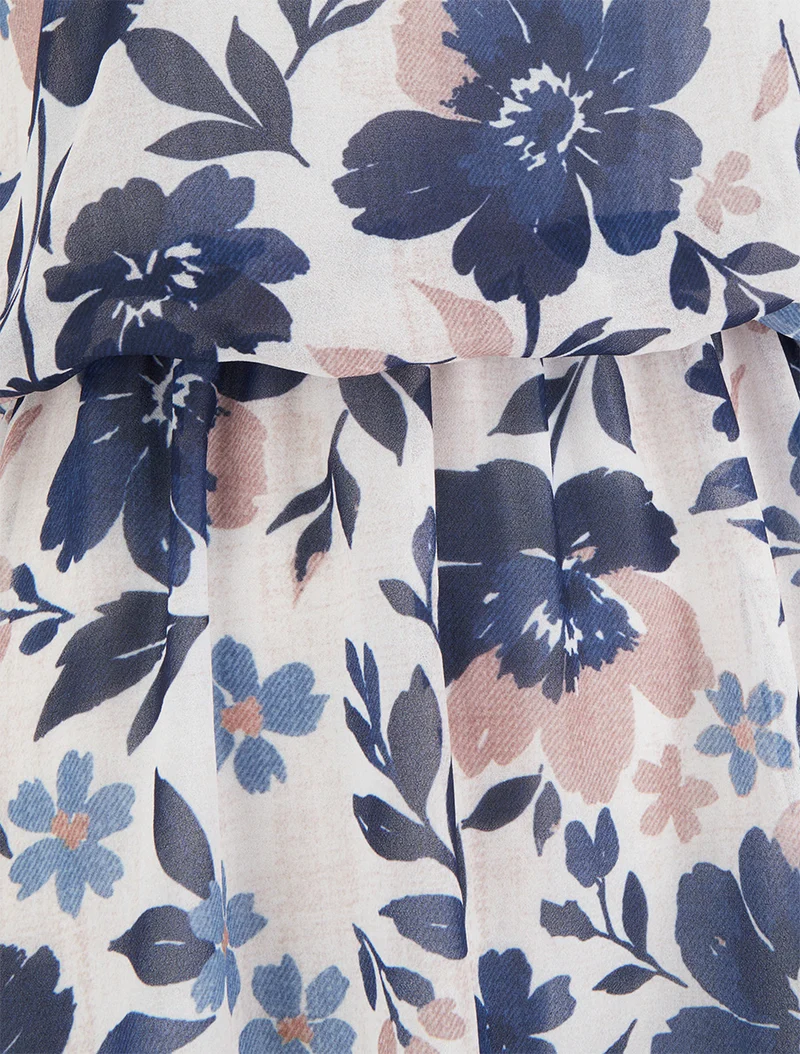 Robe imprimé fleuri à taille élastiquée - Marine