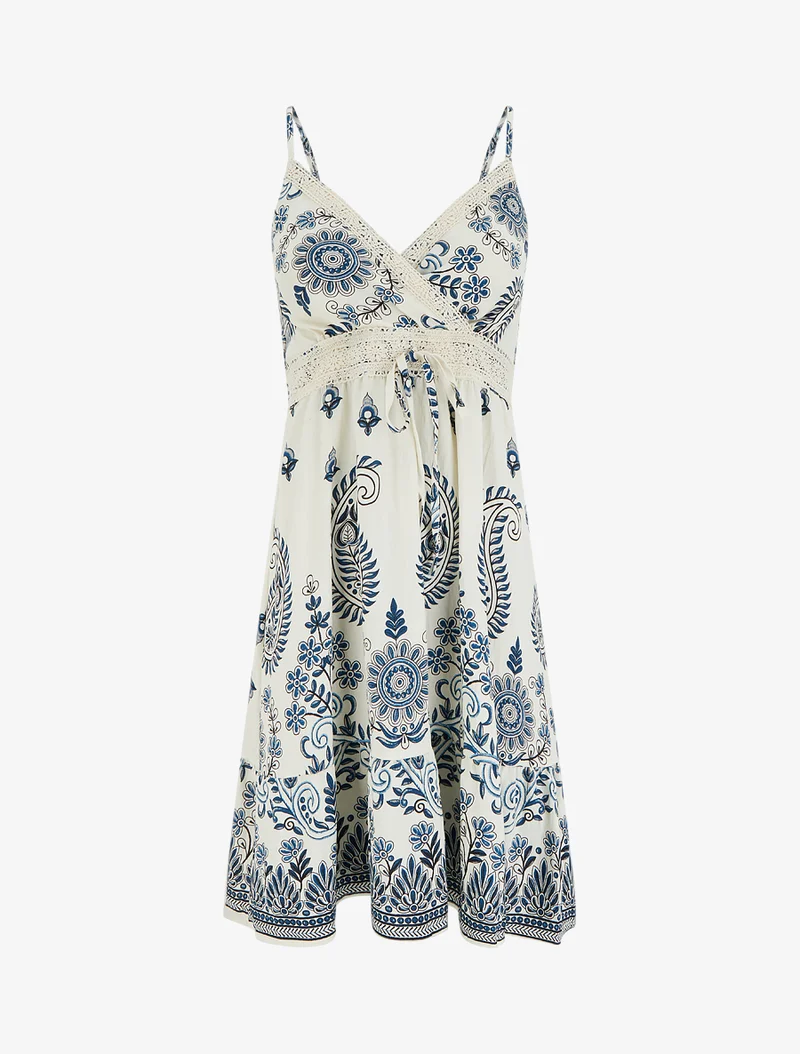 Robe imprimé foulard et fines bretelles - Marine